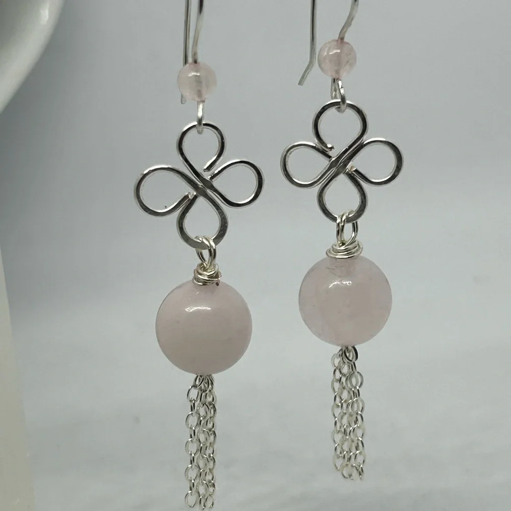 Elegant Silver and Pink rose quartz Dangle Earrings with chain tassel